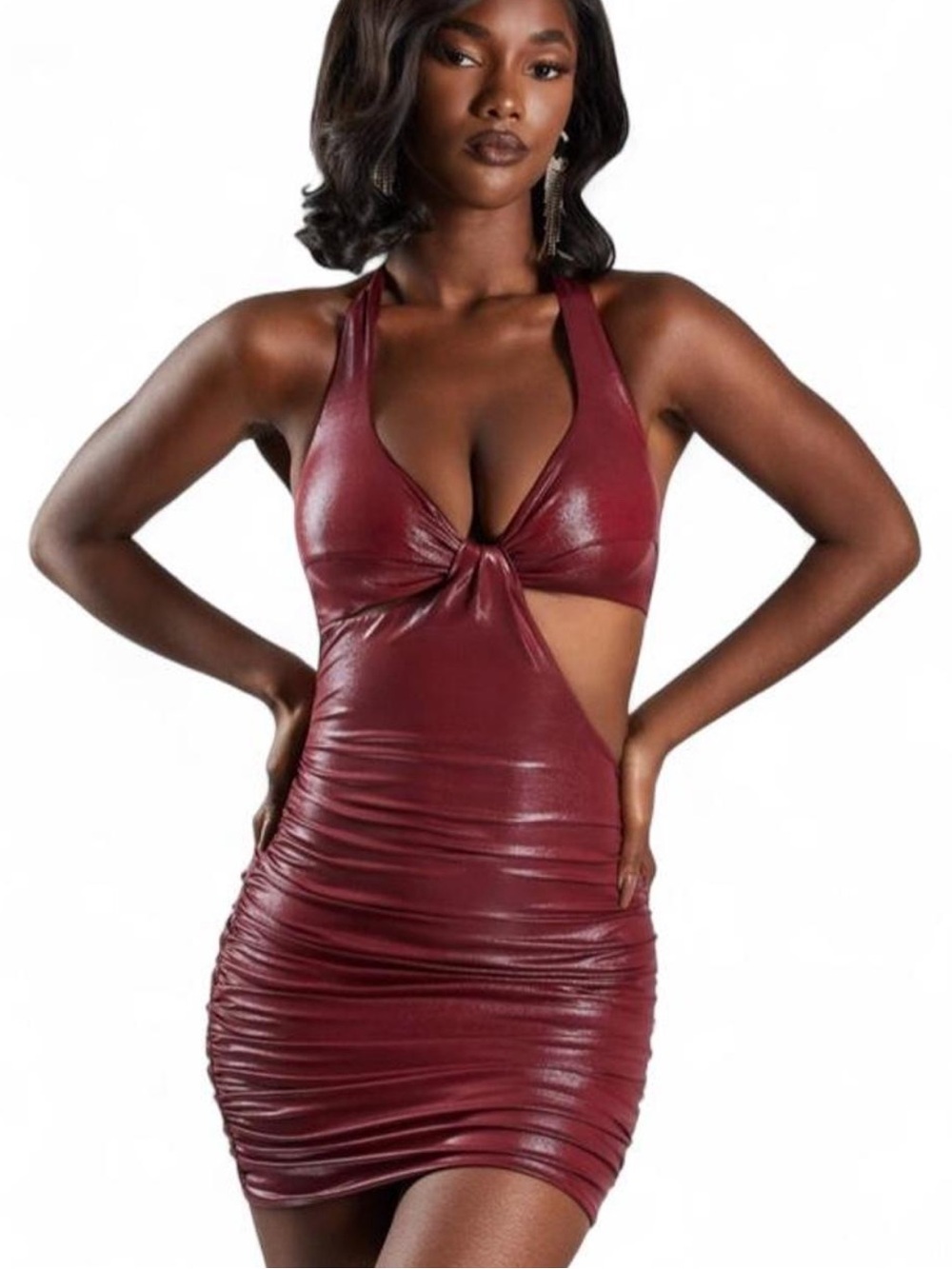 Oh Polly Knot Front Bodycon Mini Dress in Wine Red